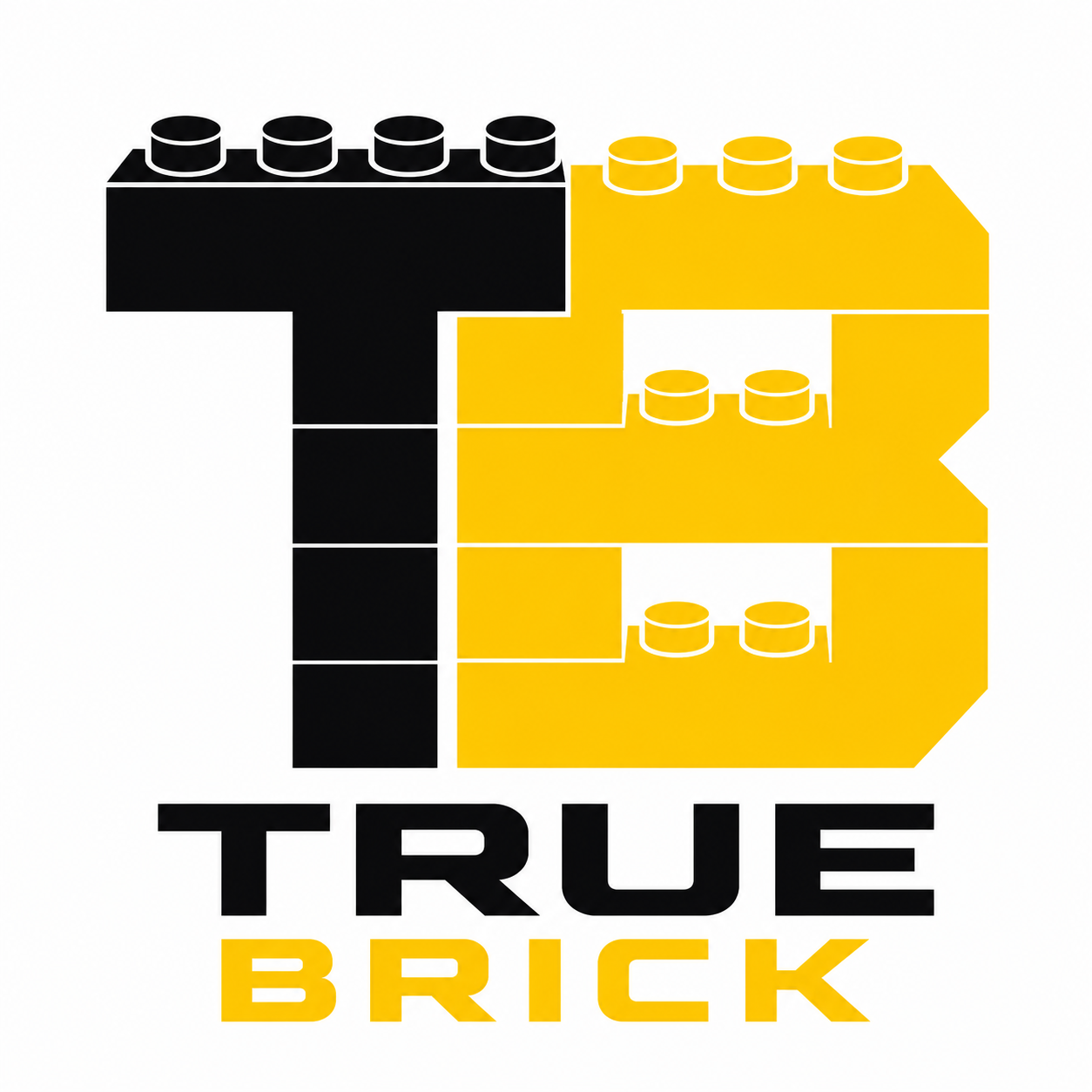 True Brick Logo - A stylized 'TB' made from Lego bricks in black and yellow.