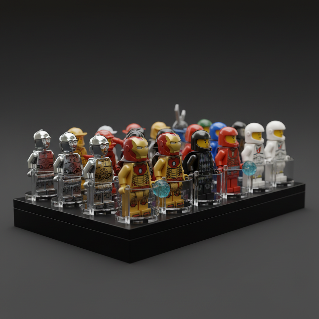 A close-up, side-angled shot of a rare LEGO minifigure collection displayed in a custom black display case with individual transparent compartments. Each minifigure stands upright on its studded base, plastic surfaces gleaming, prints perfectly visible, and no scratches or discoloration. The background is a smooth, dark charcoal gradient that fades away, ensuring no visual clutter. A controlled, soft key light from the left and subtle fill from the right create gentle reflections on helmets and torsos, exposing fine printed details and accessory shapes. Photographic realism with a shallow depth of field isolates the front row of minifigures in pin-sharp focus while later rows become a tasteful bokeh. The mood is serious and archival, ideal for showcasing high-value LEGO collectibles in a professional resale context.