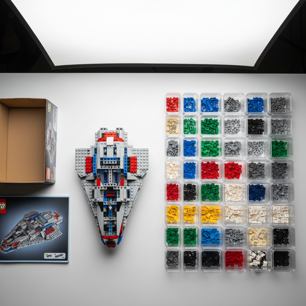 An immaculate sorting and inspection station for LEGO resale, featuring a partially assembled collectible set on a matte white work surface. Individual bricks are grouped by color and type in clear, label-free trays lined in a precise grid, with the original instruction manual and empty box positioned neatly at the edge of the frame. Dust-free pieces, crisp printing, and clean edges communicate excellent condition and authenticity. Overhead softbox lighting evenly illuminates the entire scene, eliminating harsh shadows and allowing every brick’s color and sheen to be evaluated. Captured from a slightly elevated angle with sharp focus throughout, the photographic image conveys a meticulous, professional process for verifying and preparing LEGO collectibles for resale, with a calm, organized, quality-assured atmosphere.