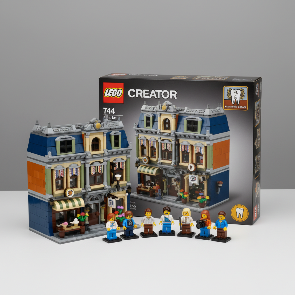 A single premium LEGO modular building set displayed unboxed on a clean white tabletop, every brick perfectly aligned and dust-free, showcasing its intricate façade, printed tiles, and collectible minifigures arranged out front. Behind it, its original box stands upright, corners sharp, with condition-grade clarity and visible set number. Neutral gray backdrop and soft, even studio lighting highlight the colors and contours without glare, revealing subtle textures of the plastic and cardboard. Photographic realism with an eye-level composition gives a catalog-style presentation, with moderate depth of field keeping both set and box in sharp focus. The atmosphere is precise and professional, emphasizing authenticity, condition, and completeness for discerning collectors evaluating a resale listing.