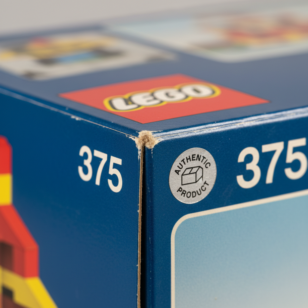A niche close-up documentation shot of a valuable vintage LEGO set box corner, placed on a neutral, seamless light background. The camera focuses tightly on the box edge where condition matters most: sharp, uncrushed cardboard, vivid original colors, clean set number, and a small authenticity sticker clearly visible yet unobtrusive. Soft, directional studio light from above and slightly to the side reveals the subtle texture of the cardboard and any minute imperfections, while keeping reflections controlled. Photographic realism with extreme sharpness and a macro-style perspective creates a forensic, assessment-ready image. The mood is precise and analytical, tailored to serious collectors who need to evaluate box condition and authenticity before purchasing from a professional LEGO resale marketplace.