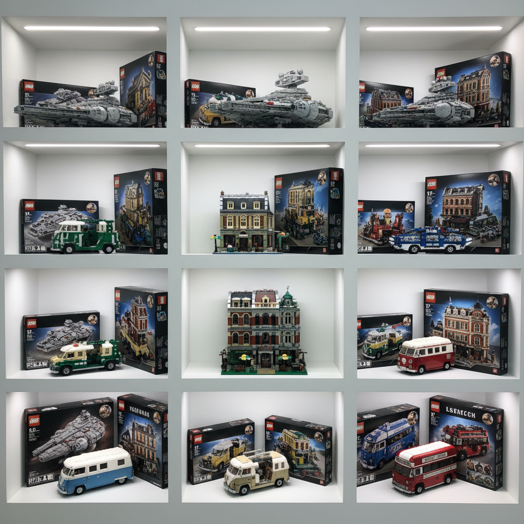 A high-end display shelf dedicated to retired LEGO collectible sets, built-in shelves in matte white forming a simple grid, each compartment containing a single completed set with its corresponding box placed behind or beside it. The sets include iconic spaceships, modular buildings, and themed vehicles, all dust-free and perfectly aligned. No extra décor or clutter, just LEGO models and packaging. Subtle recessed LED strip lighting runs along the top of each shelf, creating clean, linear highlights and gentle shadows that define shapes without distraction. Photographic realism with a straight-on, eye-level composition keeps all compartments in focus, conveying a curated, gallery-like atmosphere. The mood is refined and professional, reflecting a trusted, premium LEGO resale brand focused on authenticity, condition, and presentation.